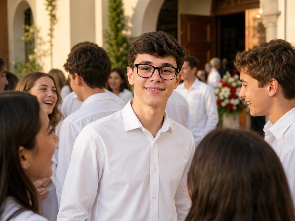 Jovem participante da cerimônia de Crisma sorrindo em frente à igreja durante um evento religioso.