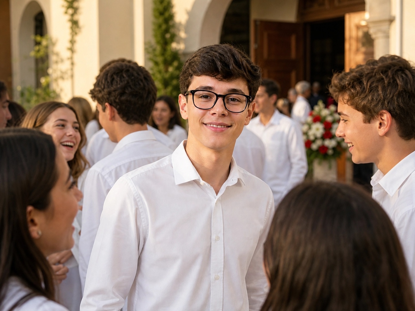 Jovem participante da cerimônia de Crisma sorrindo em frente à igreja durante um evento religioso.