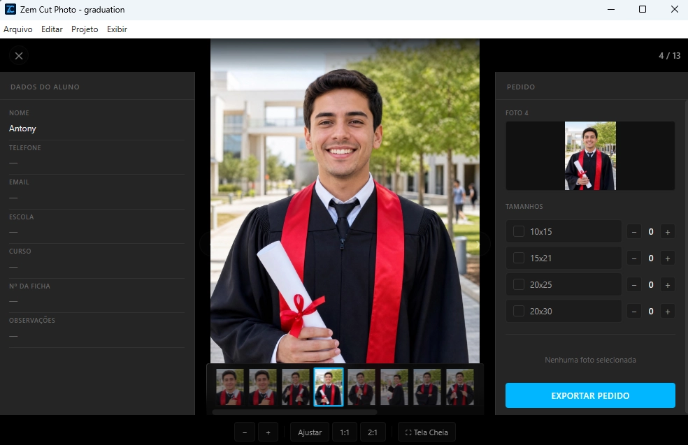 Tela de seleção de fotos do Zem Cut Photo permitindo ao cliente escolher imagens e definir quantidades e tamanhos para impressão.