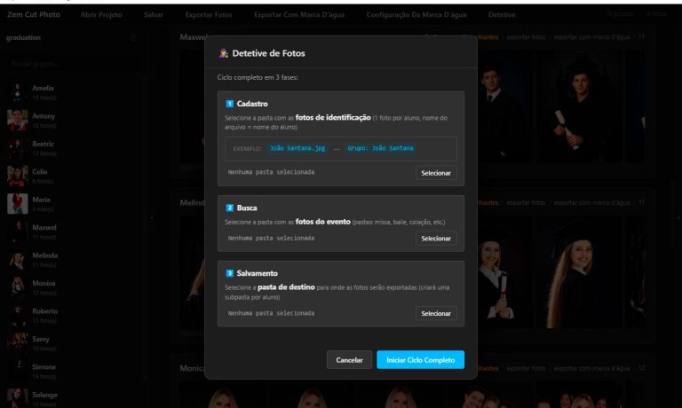 Tela do Modo Detetive do Zem Cut Photo mostrando as etapas para localizar automaticamente as fotos de um aluno em milhares de imagens usando reconhecimento facial por IA.