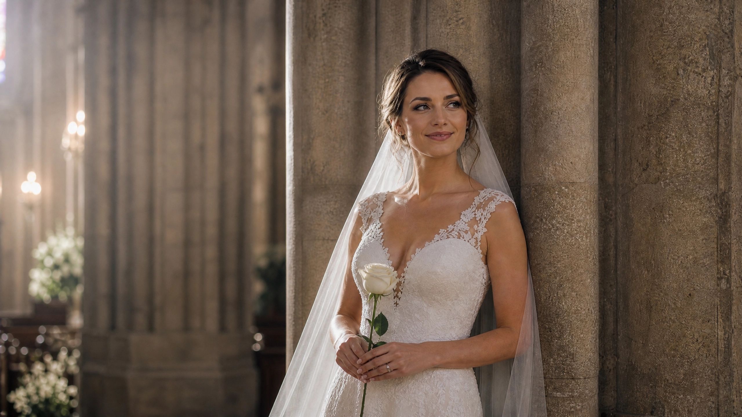Noiva posando dentro da igreja durante a cerimônia de casamento segurando uma rosa branca.