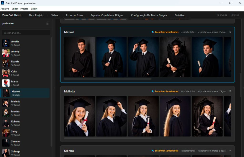Interface do Zem Cut Photo mostrando as fotos organizadas automaticamente por pessoa utilizando reconhecimento facial e inteligência artificial.